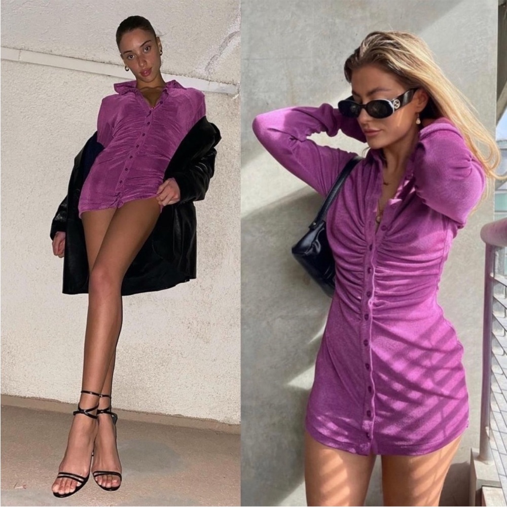 Worn Once With Jean Andy Dress Violetta Button Front Ruched Shirt Dress Mini